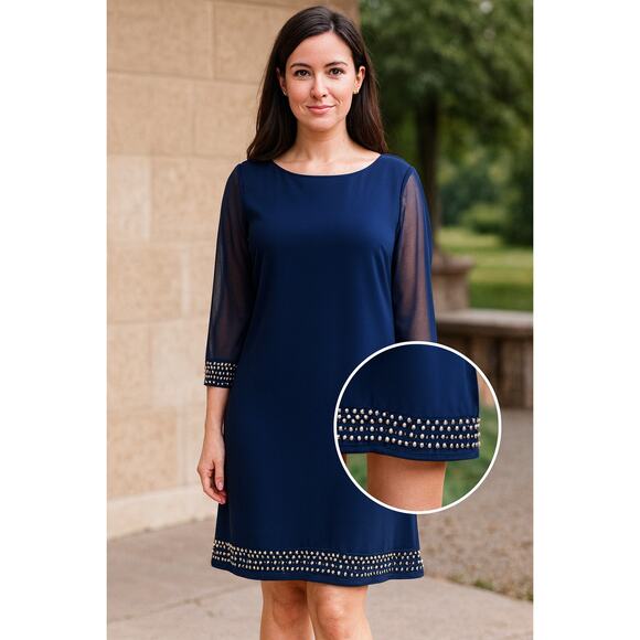 Tiana B Embellished Cobalt Blue Shift Dress XL Made USA Beaded Hem Classic Chic - Picture 2 of 11